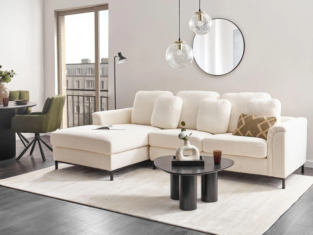 Beliani 4 vietų kampinė sofa OSLO, balta, dešininė, boucle audinys