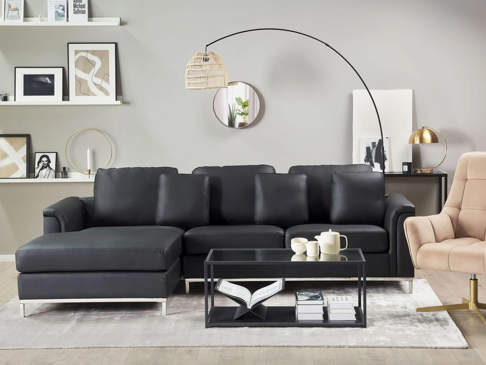 Beliani 4 vietų kampinė sofa OSLO Natūrali oda Juoda Dešininė