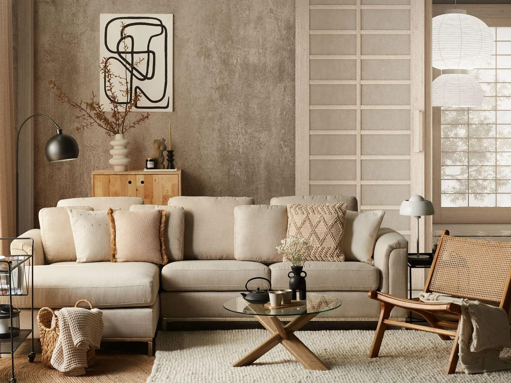 Beliani 4 vietų kampinė sofa OSLO, smėlio spalvos, dešininė