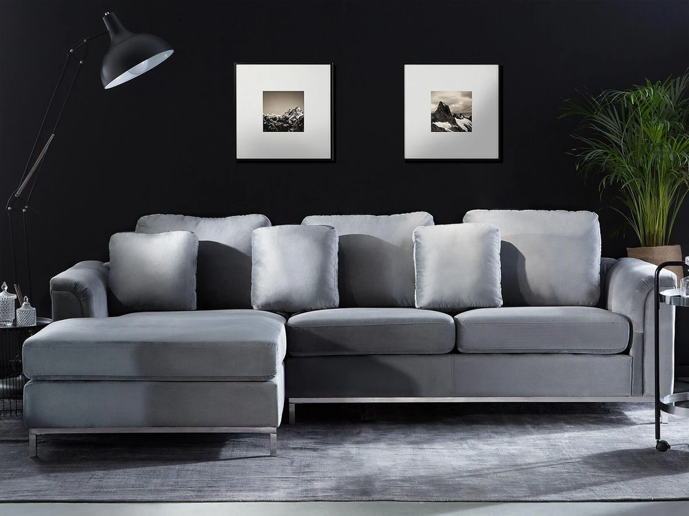 Beliani 4 vietų kampinė sofa OSLO, veliūras, pilka, dešininė