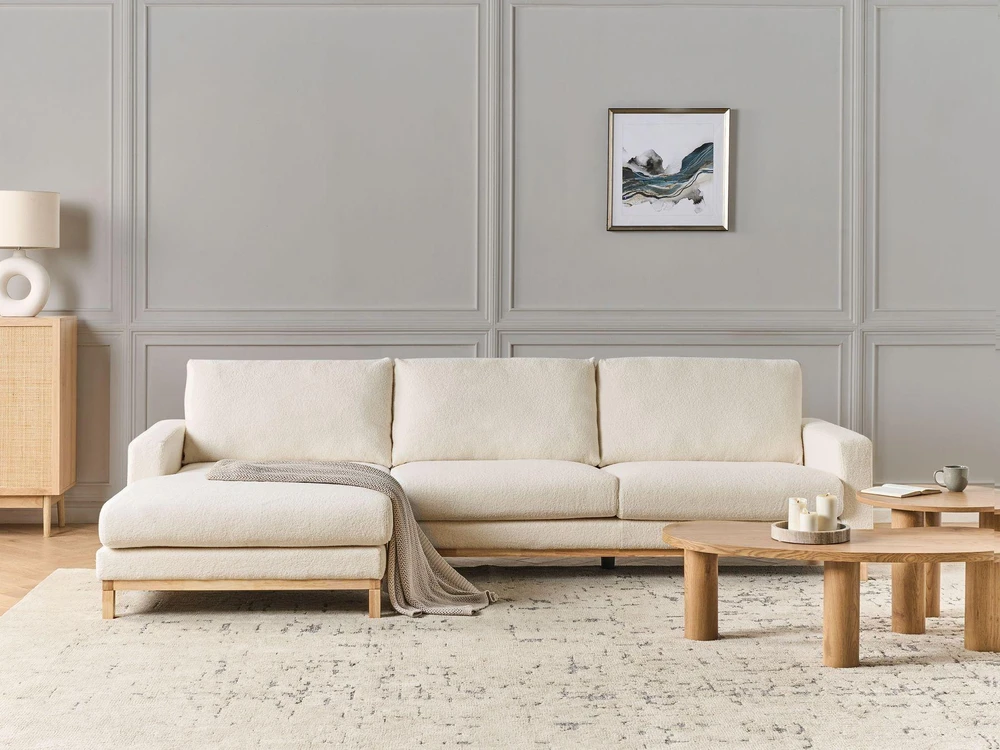 Beliani 4 vietų kampinė sofa SIGGARD Boucle balta, dešininė