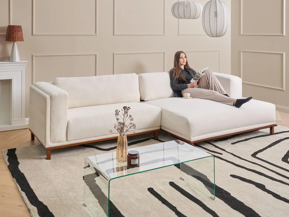 Beliani 4 vietų kampinė sofa VENG Boucle, balkšva, kairinė
