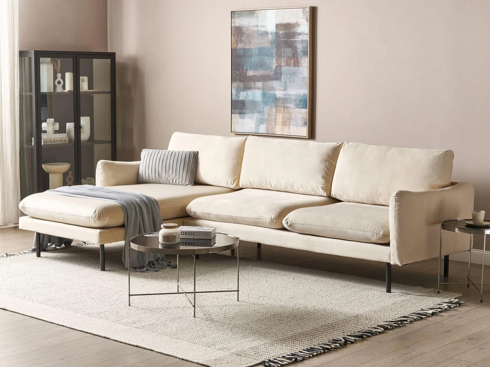 Beliani 4 vietų kampinė sofa VINTERBRO, veliūrinė, šviesiai smėlinė, dešininė