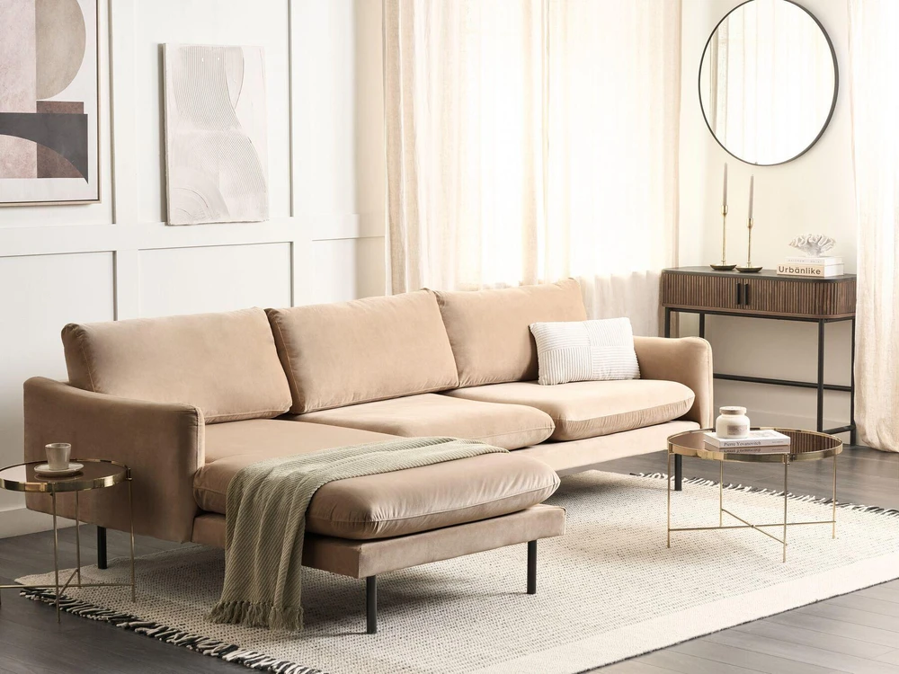 Beliani 4 vietų kampinė sofa VINTERBRO, veliūras, smėlinė, dešininė