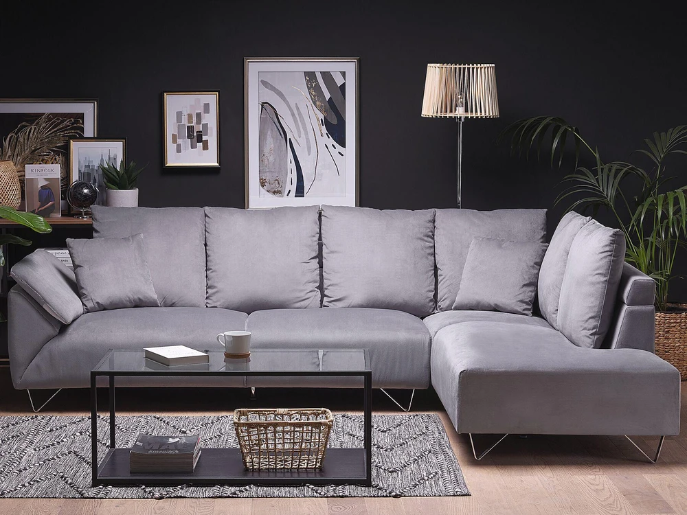 Beliani 4 vietų L formos sofa LUNNER, pilkos spalvos velvetas, kairinė