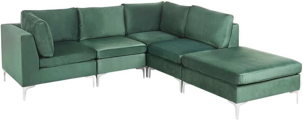 Beliani 4 vietų modulinė kampinė sofa EVJA kairinė, žalias veliūras su otomanu