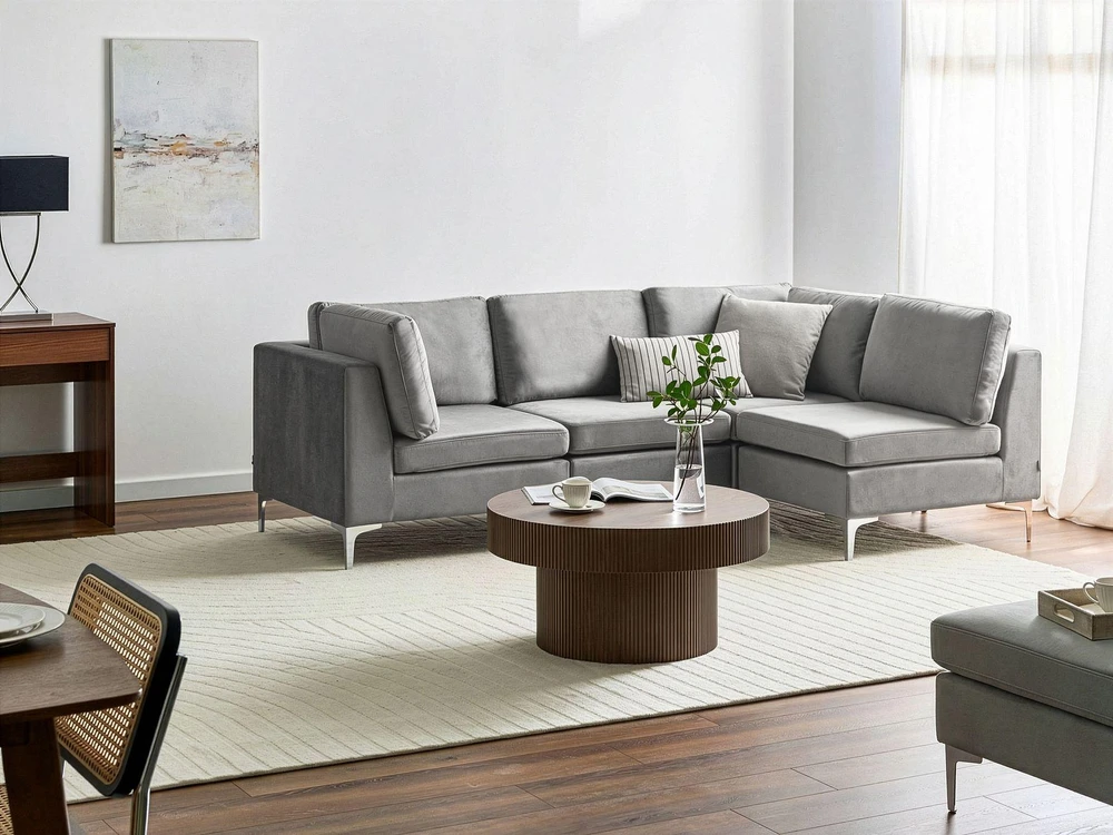 Beliani 4 vietų modulinė kampinė sofa EVJA, kairinė, pilkas veliūras
