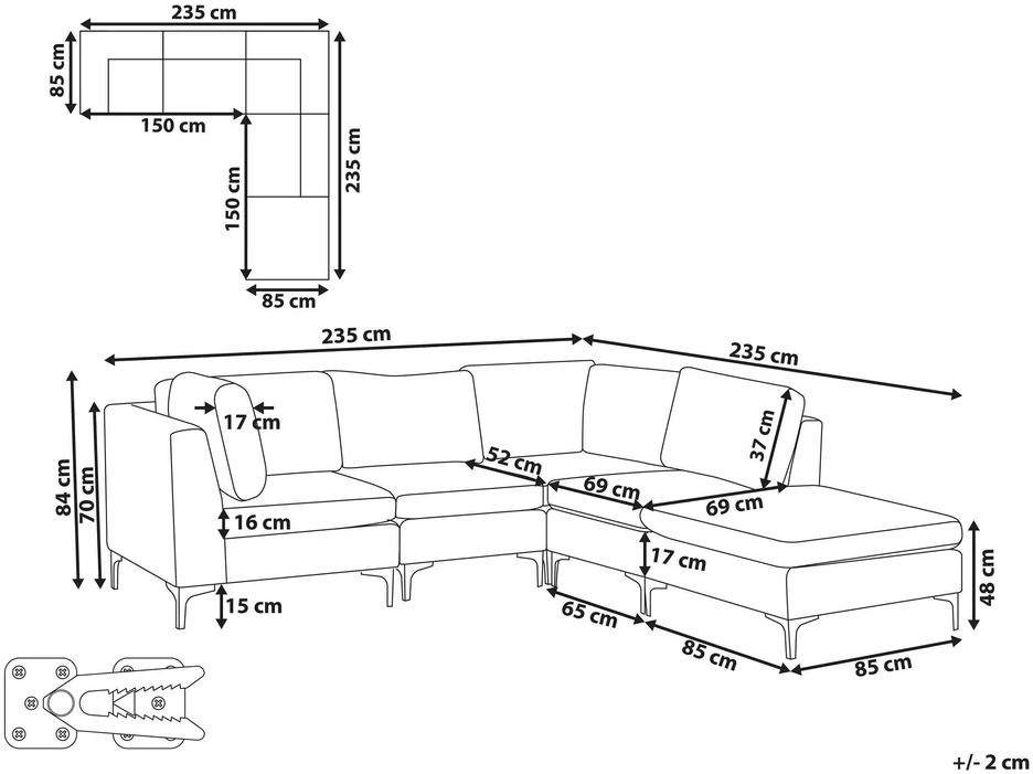 Beliani 4 vietų modulinė kampinė sofa EVJA kairinė, žalias veliūras su otomanu