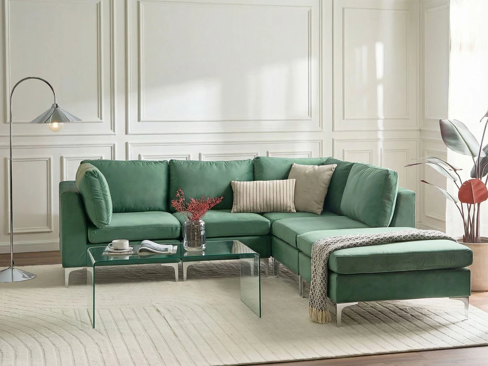 Beliani 4 vietų modulinė kampinė sofa EVJA kairinė, žalias veliūras su otomanu