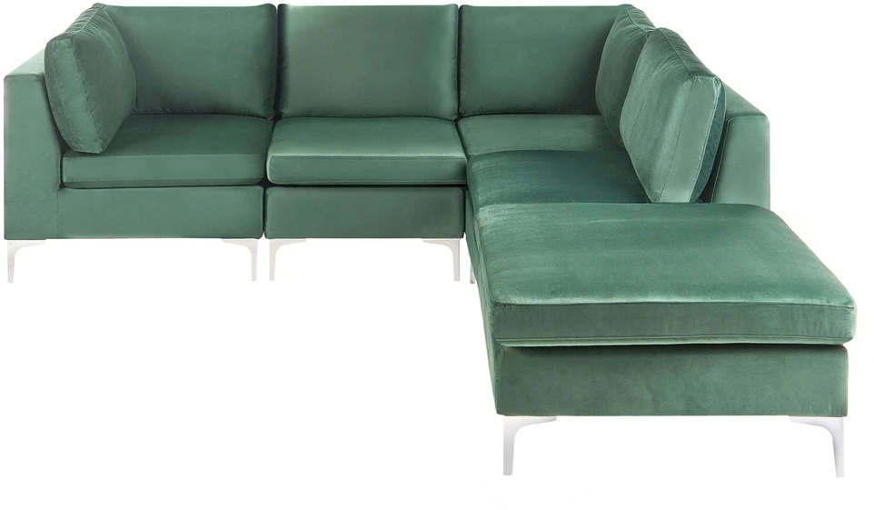 Beliani 4 vietų modulinė kampinė sofa EVJA kairinė, žalias veliūras su otomanu