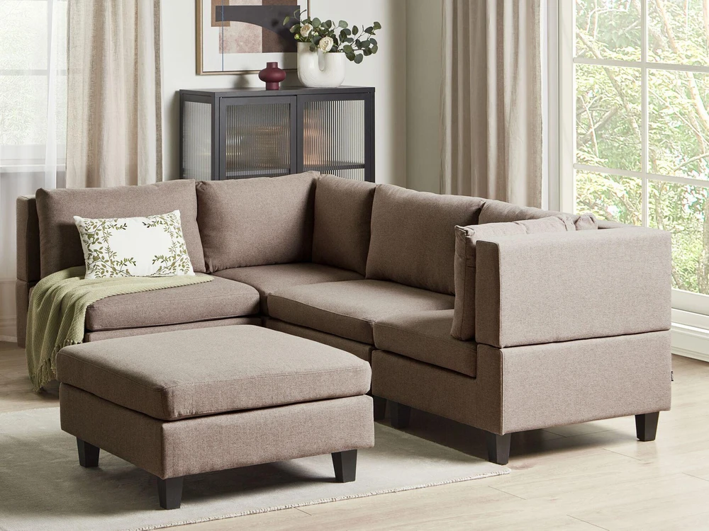 Beliani 4 vietų modulinė kampinė sofa UNSTAD dešininė, ruda su otomanu