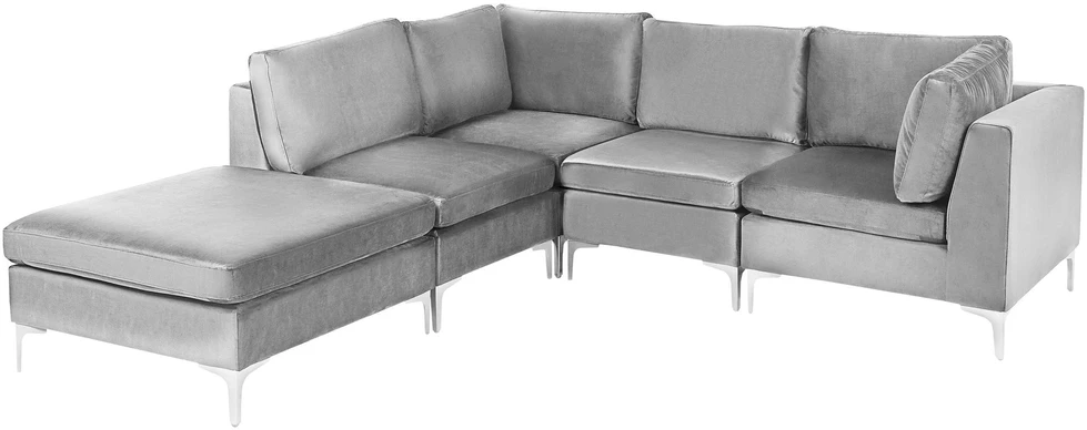 Beliani 4 vietų modulinė sofa EVJA, dešininė, pilka, veliūrinė, su otomane