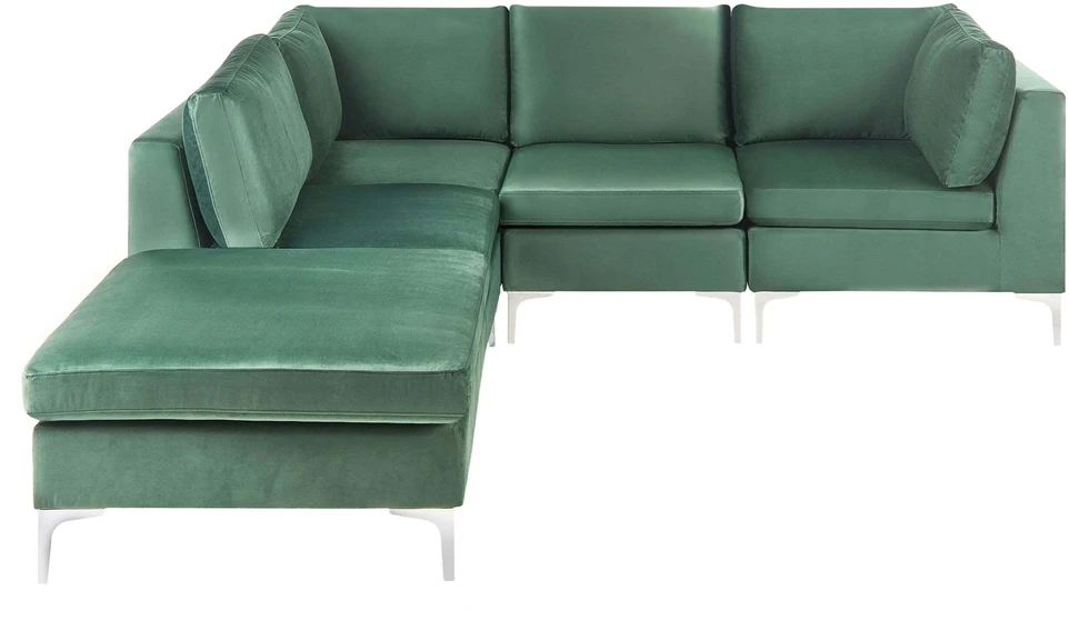 Beliani 4 vietų modulinė sofa EVJA, dešininė, žalia veliūrinė, su otomane