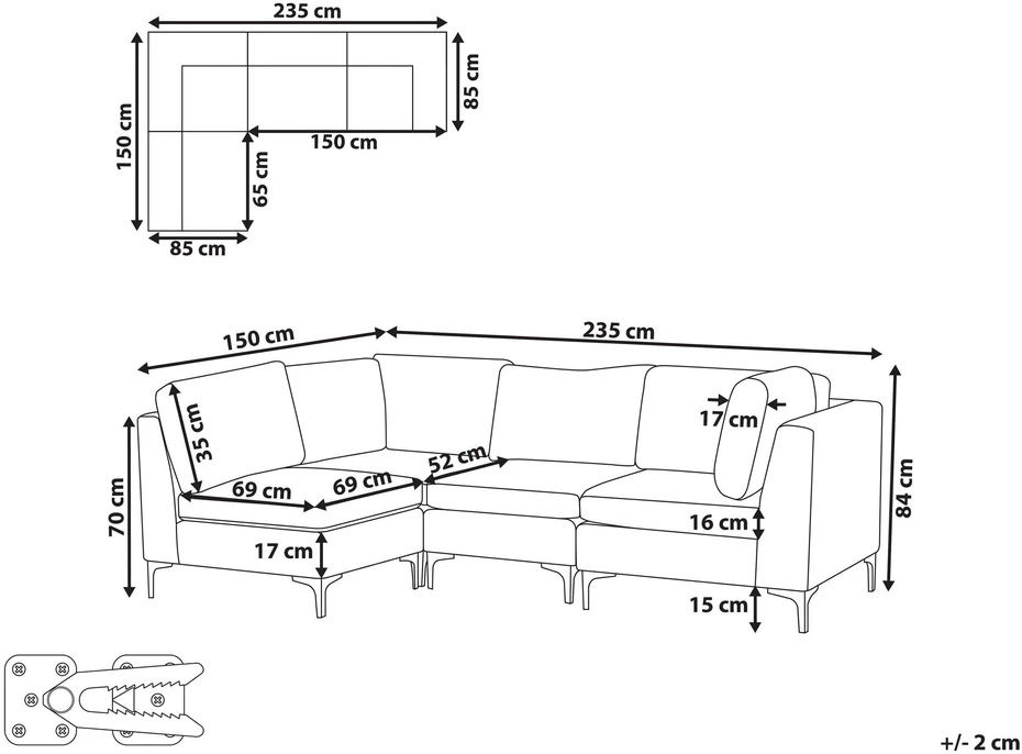 Beliani 4 vietų modulinė sofa EVJA dešininė pilka veliūrinė