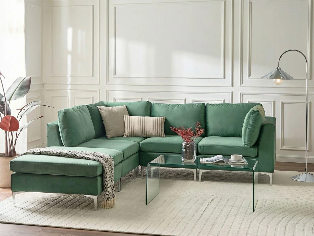 Beliani 4 vietų modulinė sofa EVJA, dešininė, žalia veliūrinė, su otomane