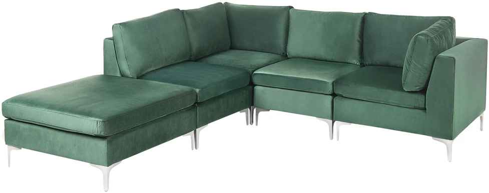 Beliani 4 vietų modulinė sofa EVJA, dešininė, žalia veliūrinė, su otomane
