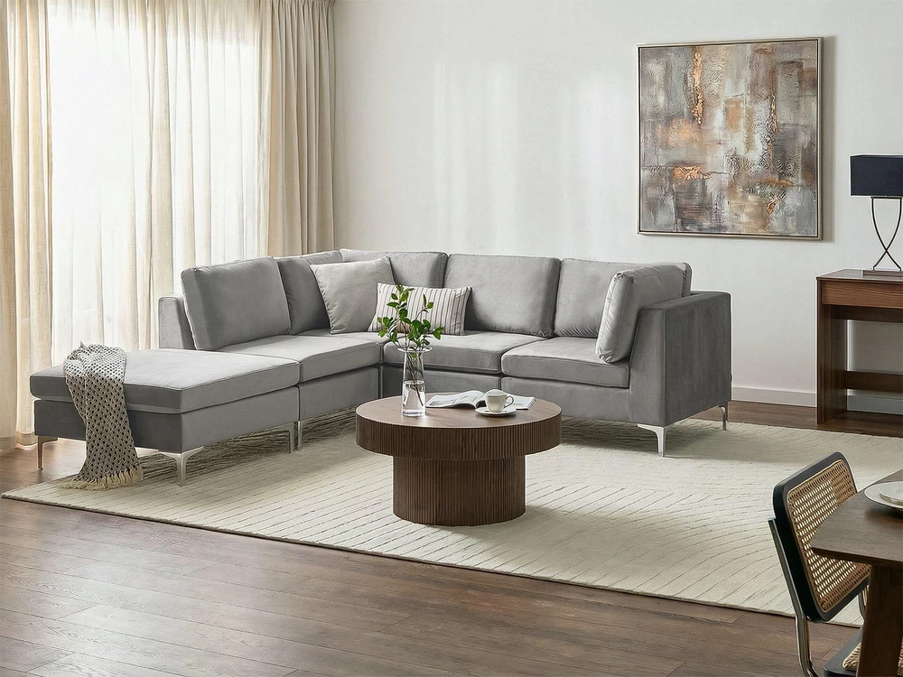 Beliani 4 vietų modulinė sofa EVJA, dešininė, pilka, veliūrinė, su otomane