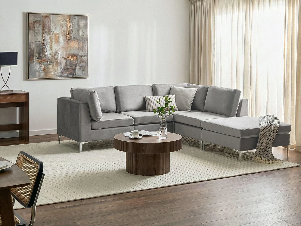 Beliani 4 vietų modulinė sofa EVJA, kairinė, pilkas veliūras su otomane