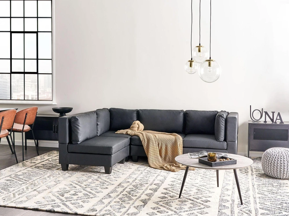 Beliani 4 vietų modulinė sofa UNSTAD Dešininė Juoda ekologiška oda