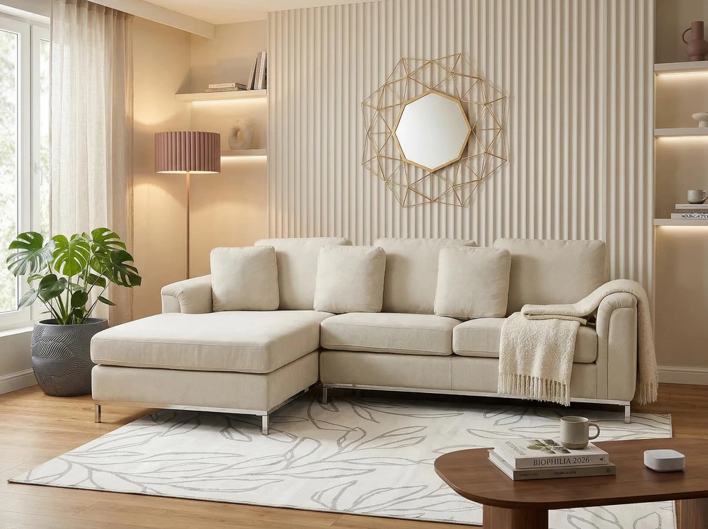 Beliani 5-vietė kampinė sofa OSLO, smėlio spalvos, su pufu, dešininė