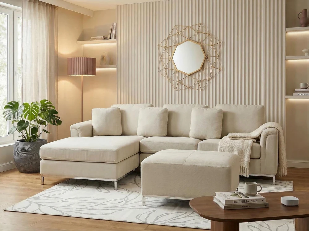 Beliani 5-vietė kampinė sofa OSLO, smėlio spalvos, su pufu, dešininė
