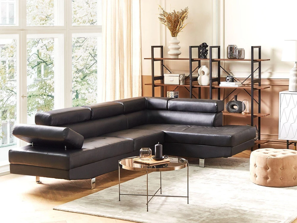 Beliani 5 vietų kampinė sofa NORREA, dirbtinė oda, juoda, kairinė