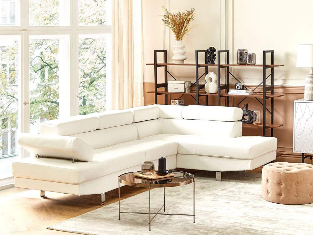 Beliani 5 vietų kampinė sofa NORREA iš ekologiškos odos, balta, kairinė