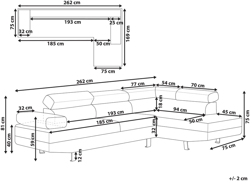 Beliani 5 vietų kampinė sofa NORREA pilka, kairinė