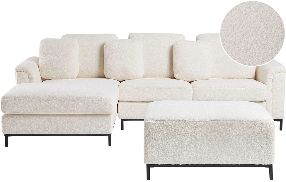 Beliani 5 vietų kampinė sofa OSLO, balta, bouclé audinys, su atrama kojoms, dešininė