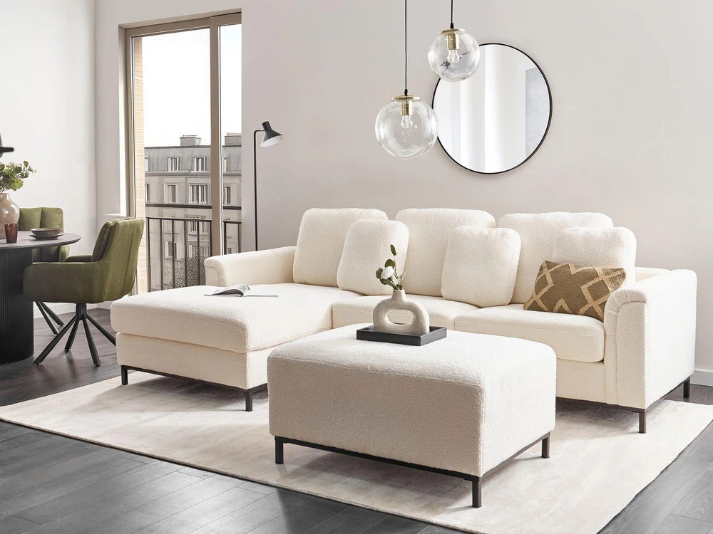 Beliani 5 vietų kampinė sofa OSLO, balta, bouclé audinys, su atrama kojoms, dešininė
