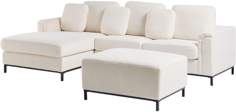 Beliani 5 vietų kampinė sofa OSLO, balta, bouclé audinys, su atrama kojoms, dešininė