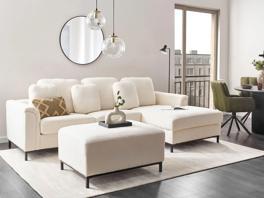 Beliani 5 vietų kampinė sofa OSLO Boucle balta su pufu, kairinė