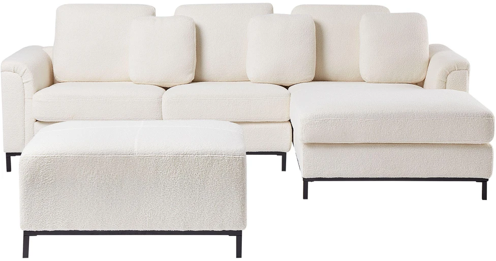 Beliani 5 vietų kampinė sofa OSLO Boucle balta su pufu, kairinė