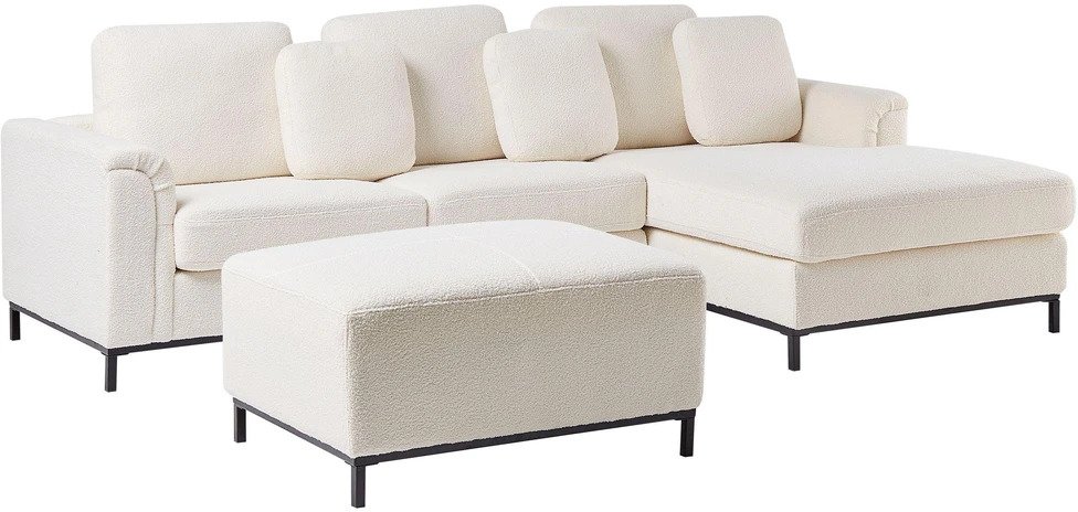 Beliani 5 vietų kampinė sofa OSLO Boucle balta su pufu, kairinė