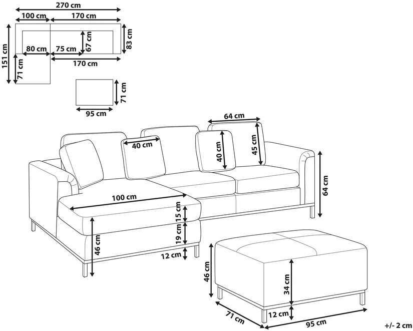 Beliani 5 vietų kampinė sofa OSLO, natūrali oda, juoda su otomanu, dešininė