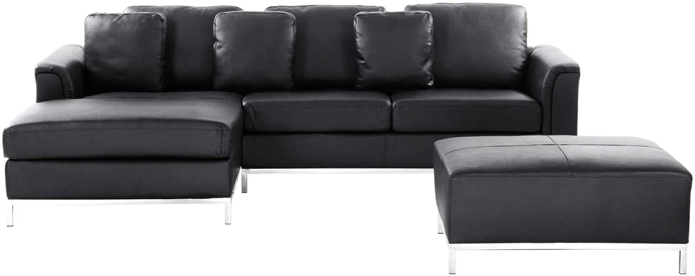 Beliani 5 vietų kampinė sofa OSLO, natūrali oda, juoda su otomanu, dešininė