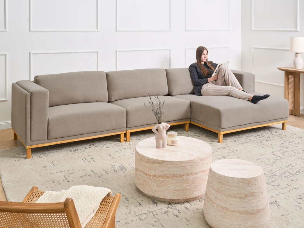 Beliani 5 vietu L formos kampinė sofa VENG, smėlio pilkos spalvos, kairinė
