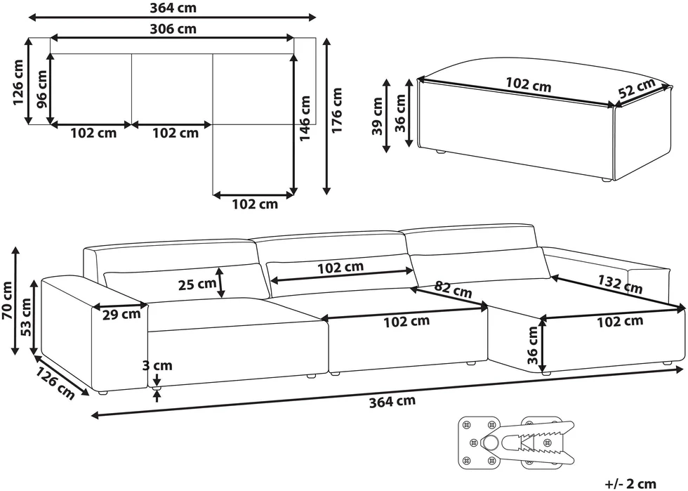 Beliani 5 vietų modulinė kampinė sofa HELLNAR kairinė pilka su otomana