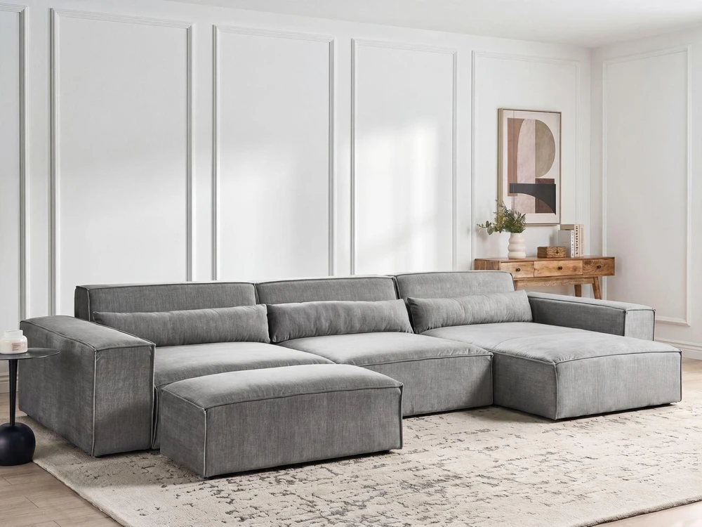 Beliani 5 vietų modulinė kampinė sofa HELLNAR kairinė pilka su otomana