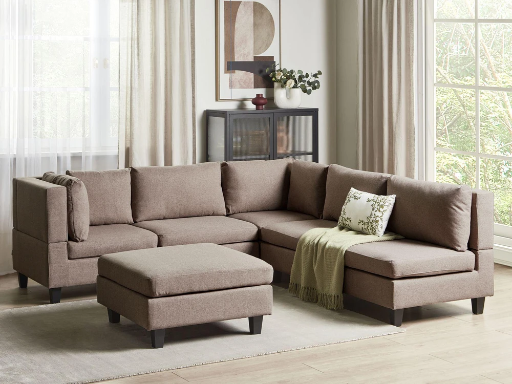 Beliani 5 vietų modulinė sofa UNSTAD, dešininė, ruda, su otomanu