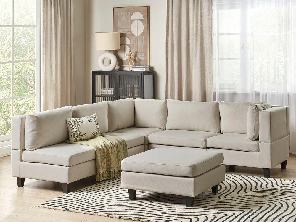 Beliani 5 vietų modulinė sofa UNSTAD kairinė, šviesiai smėlio spalvos su pufu