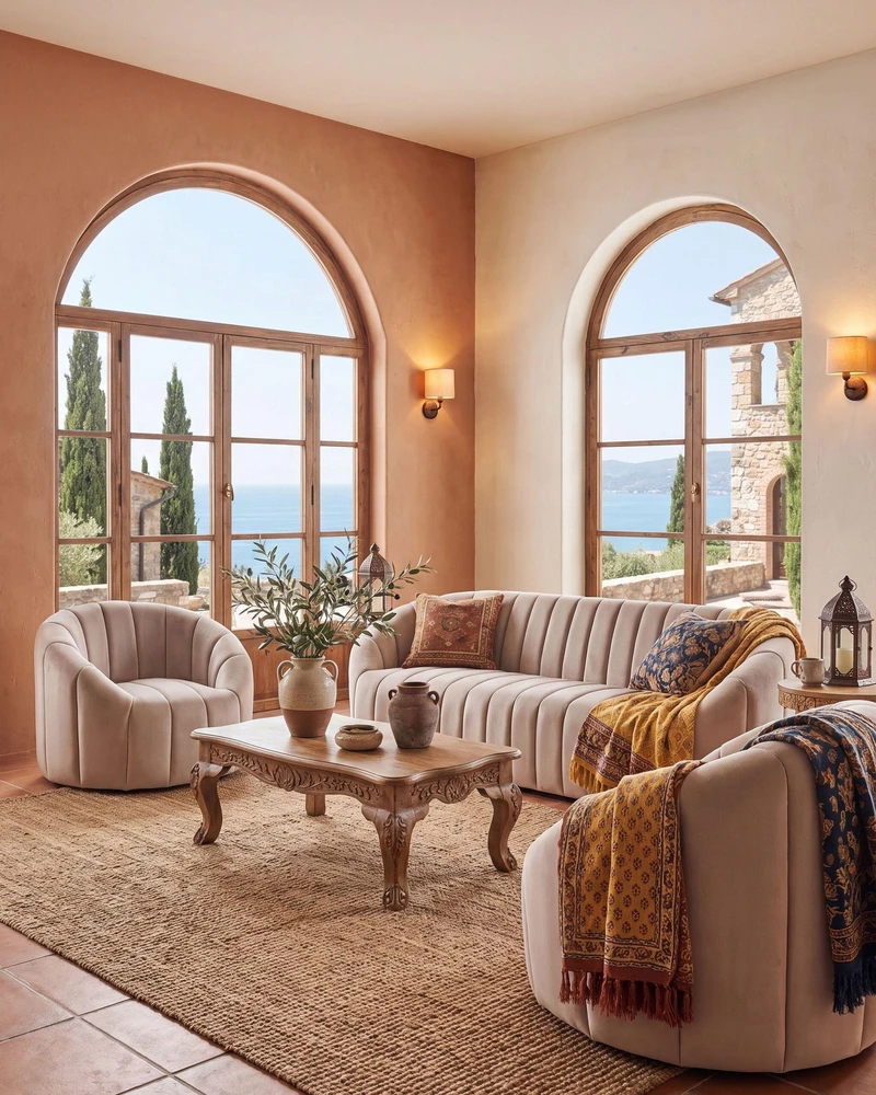 Sofa Beliani 6 asmenų svetainės baldų komplektas MALUNG, veliūras, smėlio spalvos
