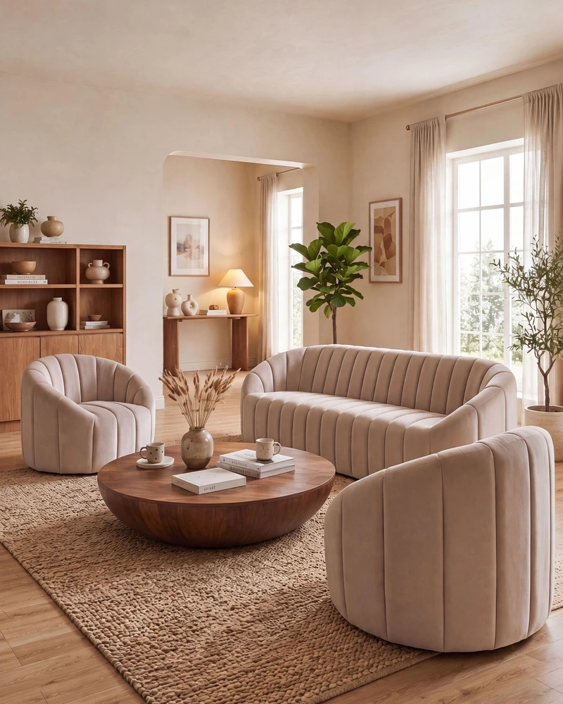 Sofa Beliani 6 asmenų svetainės baldų komplektas MALUNG, veliūras, smėlio spalvos