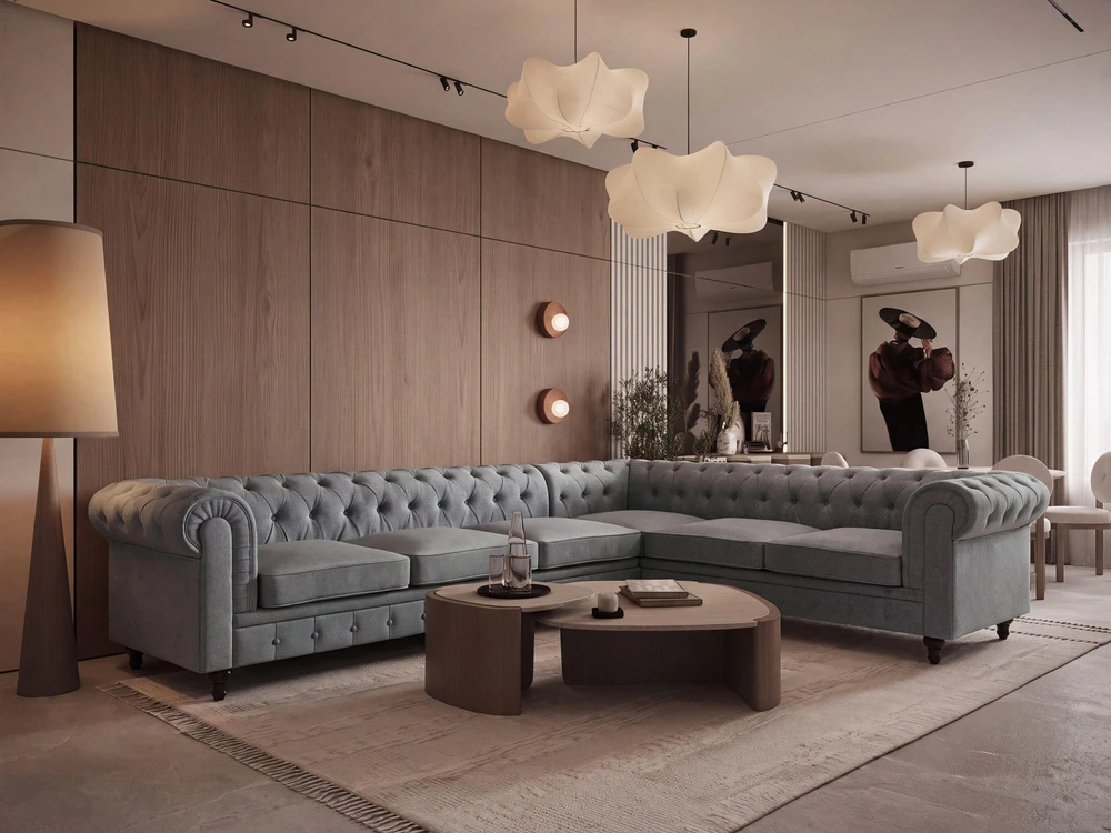 Beliani 6 vietų kampinė sofa CHESTERFIELD, pilka, kairinė