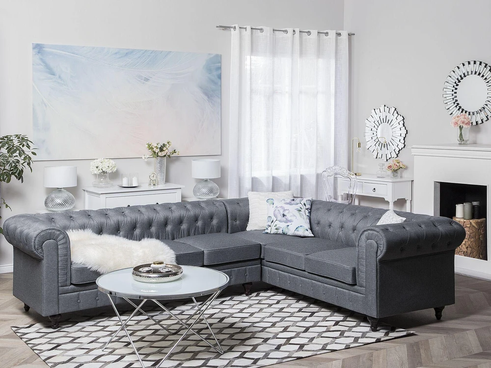 Beliani 6 vietų kampinė sofa CHESTERFIELD, pilka, kairinė