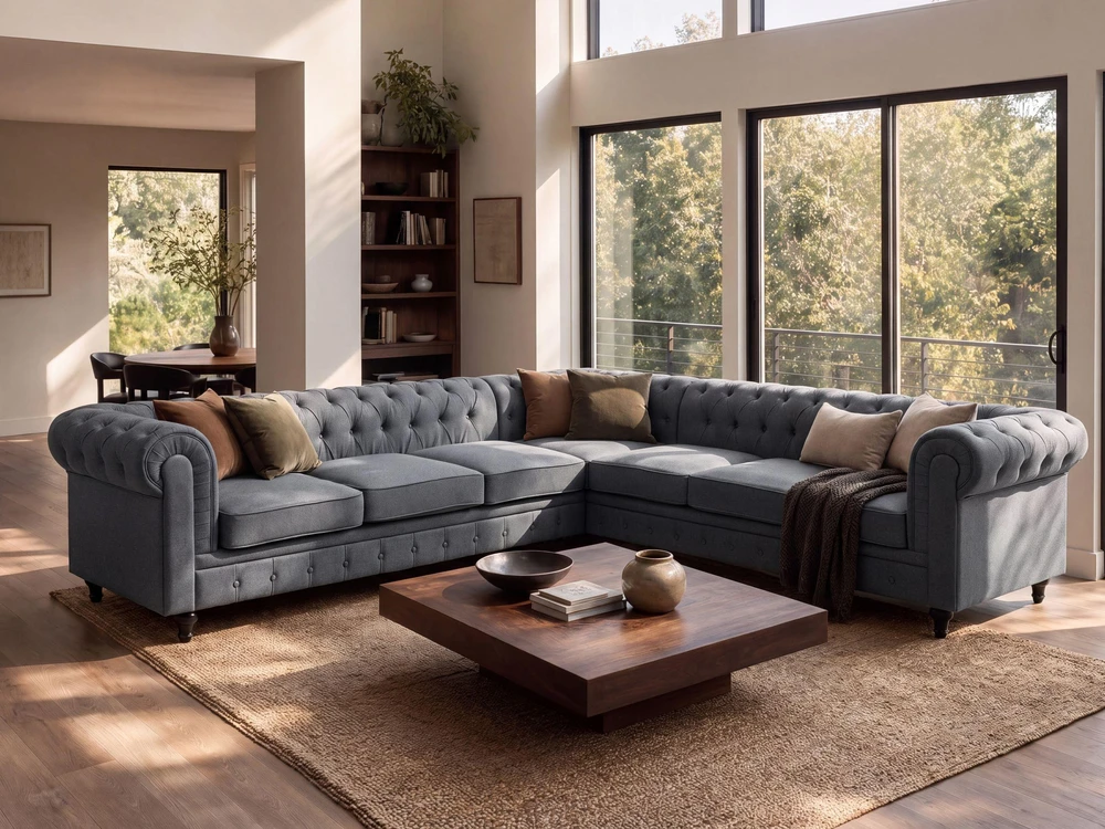 Beliani 6 vietų kampinė sofa CHESTERFIELD, pilka, kairinė