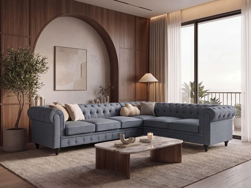 Beliani 6 vietų kampinė sofa CHESTERFIELD, pilka, kairinė