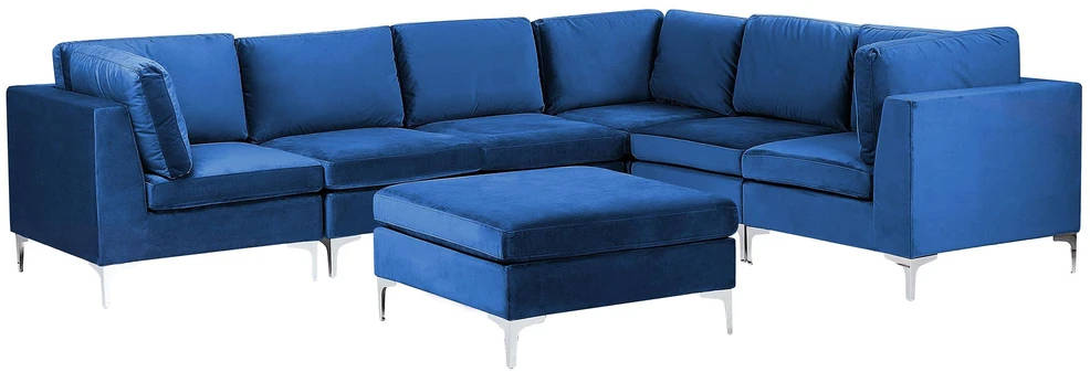 Beliani 6 vietų modulinė kampinė sofa EVJA su pufu, tamsiai mėlynas veliūras, kairinė