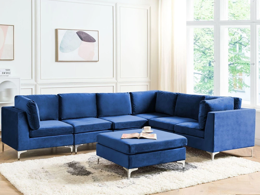 Beliani 6 vietų modulinė kampinė sofa EVJA su pufu, tamsiai mėlynas veliūras, kairinė