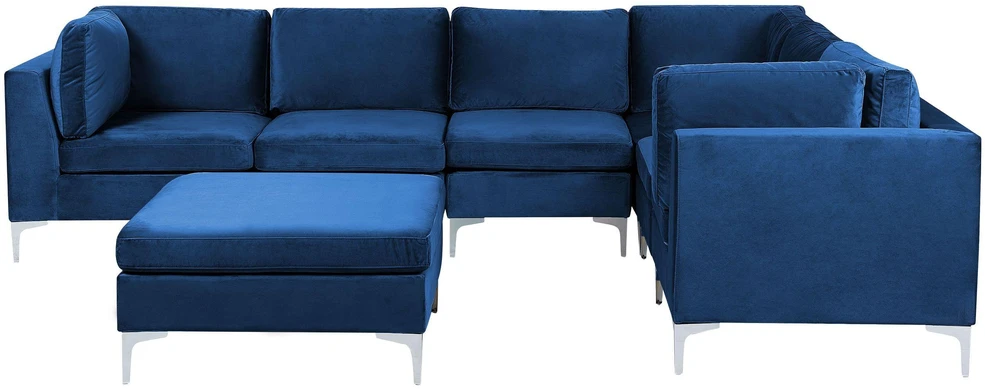 Beliani 6 vietų modulinė kampinė sofa EVJA su pufu, tamsiai mėlynas veliūras, kairinė